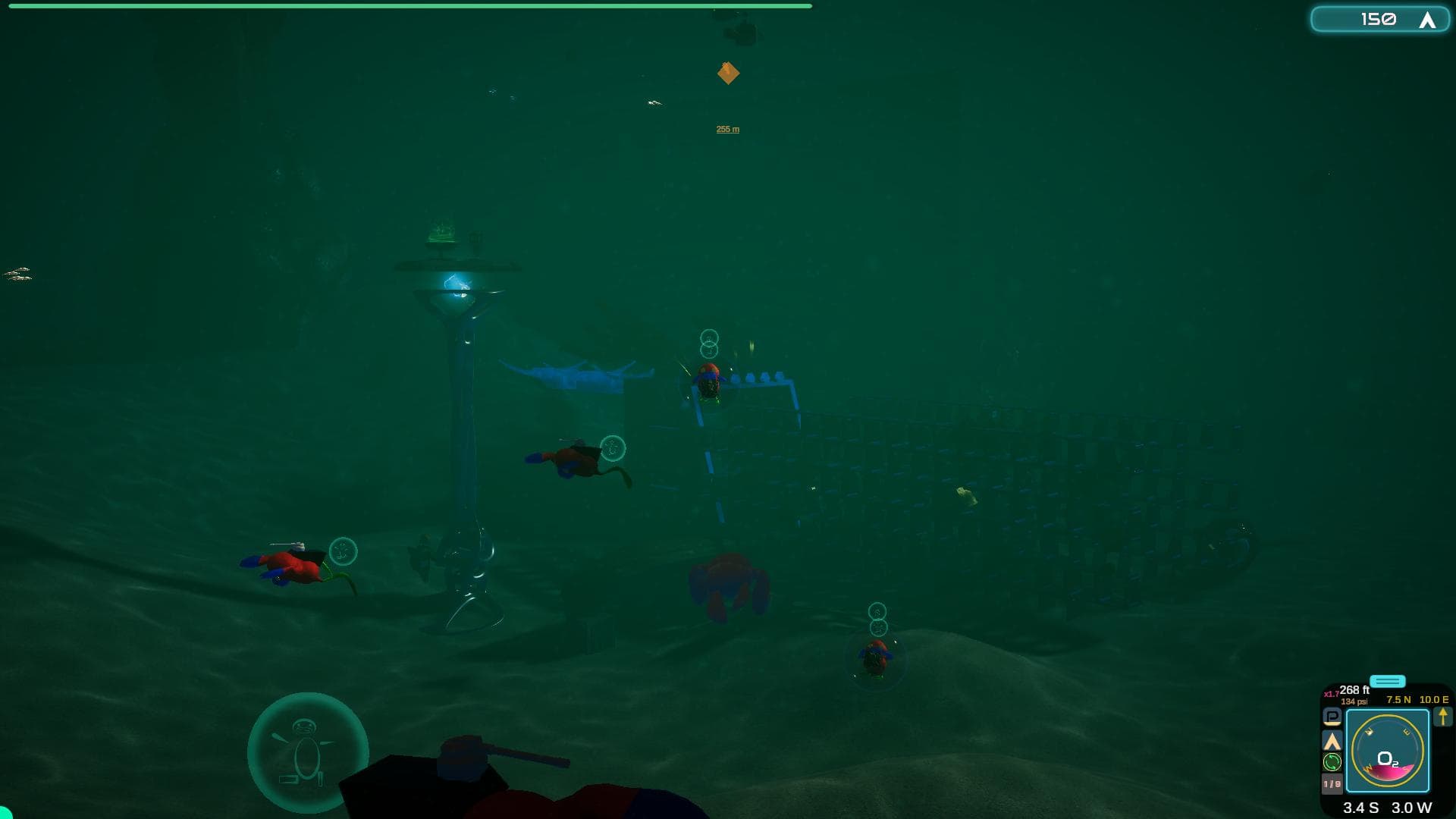 Several players swimming together around an underwater structure during a multiplayer session of I Thalassa