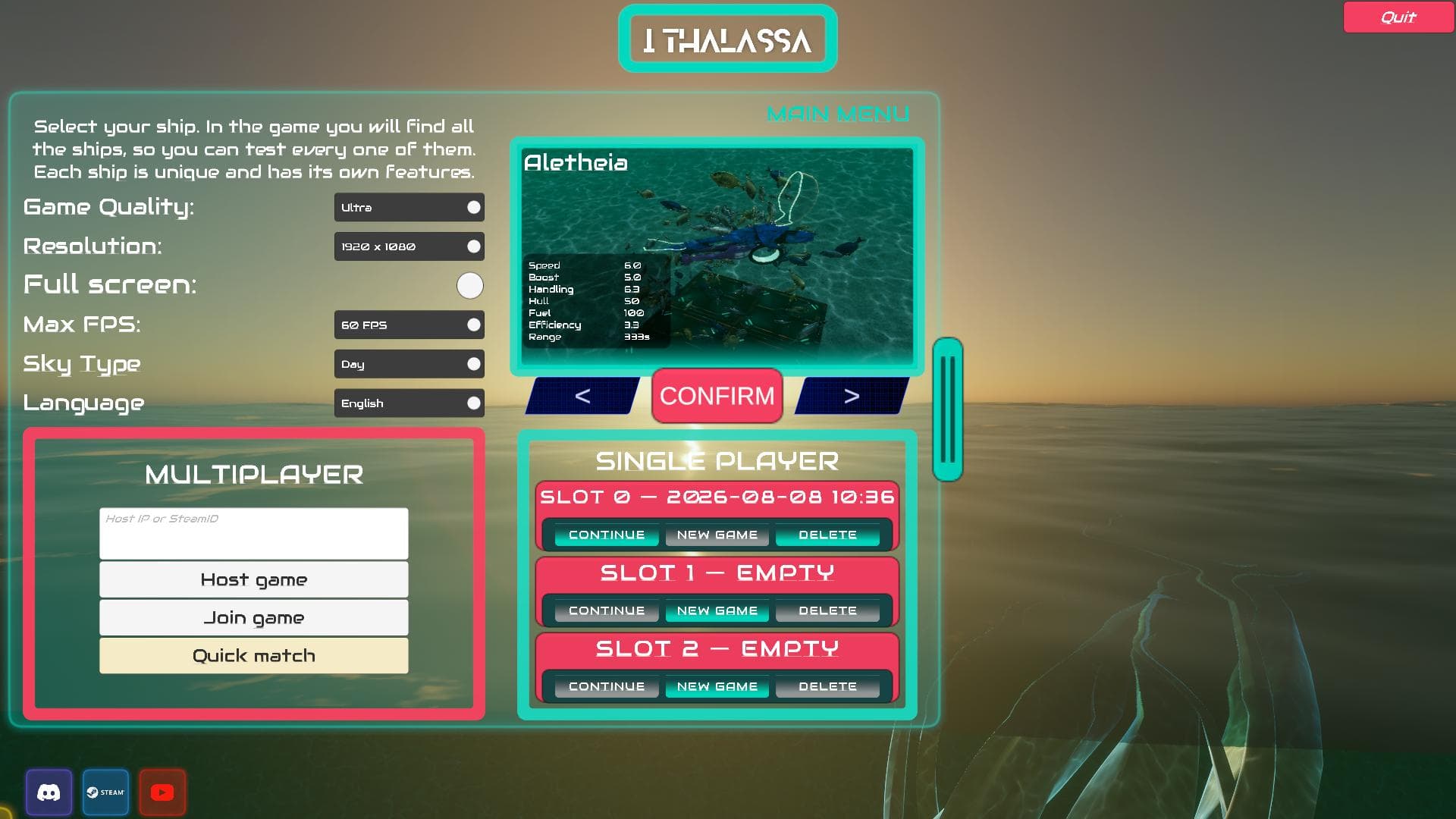 The reworked I Thalassa main menu, with ship stats, save slots and the multiplayer host and join panel